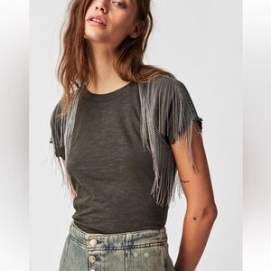 NWT Free People Bang Bang Beaded Metal Fringe Babydoll tee shirt